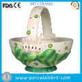 Basket shape sweet green bow and three rabbit painting candy bowl with handle for child gift